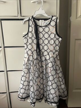 Girls White Circle Print Party Dress with Black Trim
